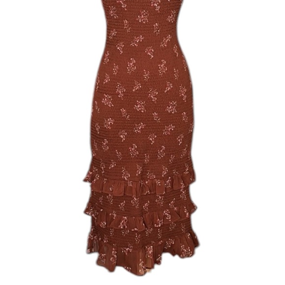 ABERCROMBIE & FITCH Smocked Tiered Ruffle MIDI Dress Brown Floral Y2K, Small - Picture 4 of 14